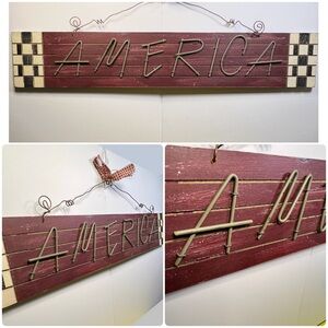 Patriotic Rustic Wooden Red 'America' Wall Sign with a Twisted Wire Hanger & Bow